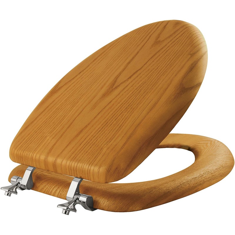 Bemis Mayfair Natural Oak Veneer Toilet Seat with Chrome Hinges, Elongated, Wood - Image 1